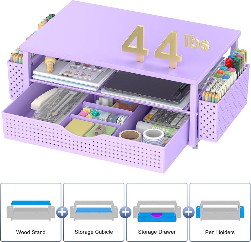 Spacrea Desk Organizer and Accessories, Computer Monitor Stand Riser with Drawer and 2 Pen Holders, Office Desk Accessories & Workspace Organizers for Office Supplies (Purple) - Image 5